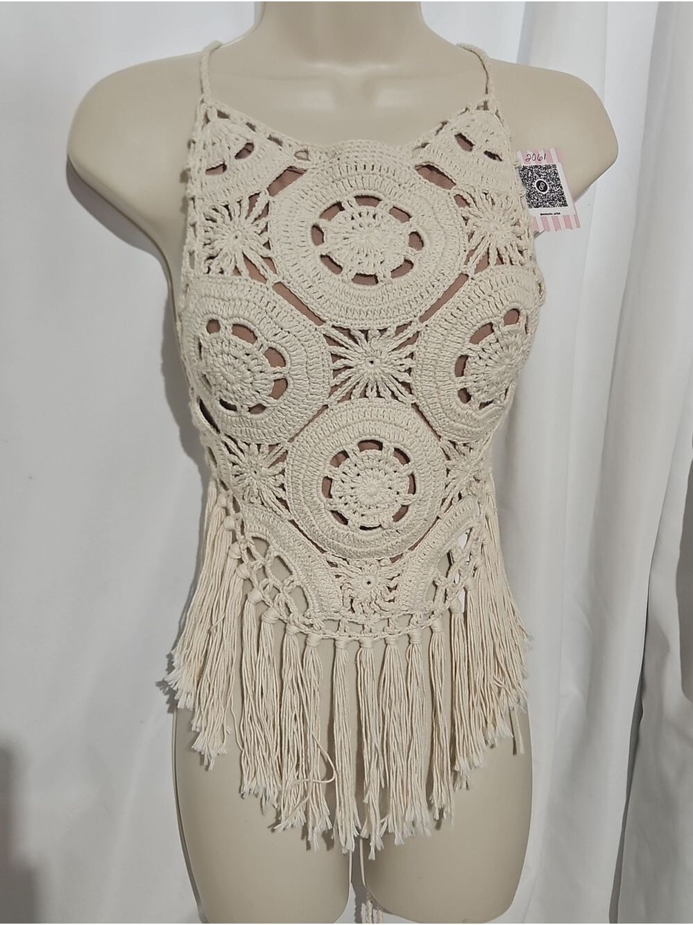 Lakhays Crochet Halter Crop Top Cream One Size